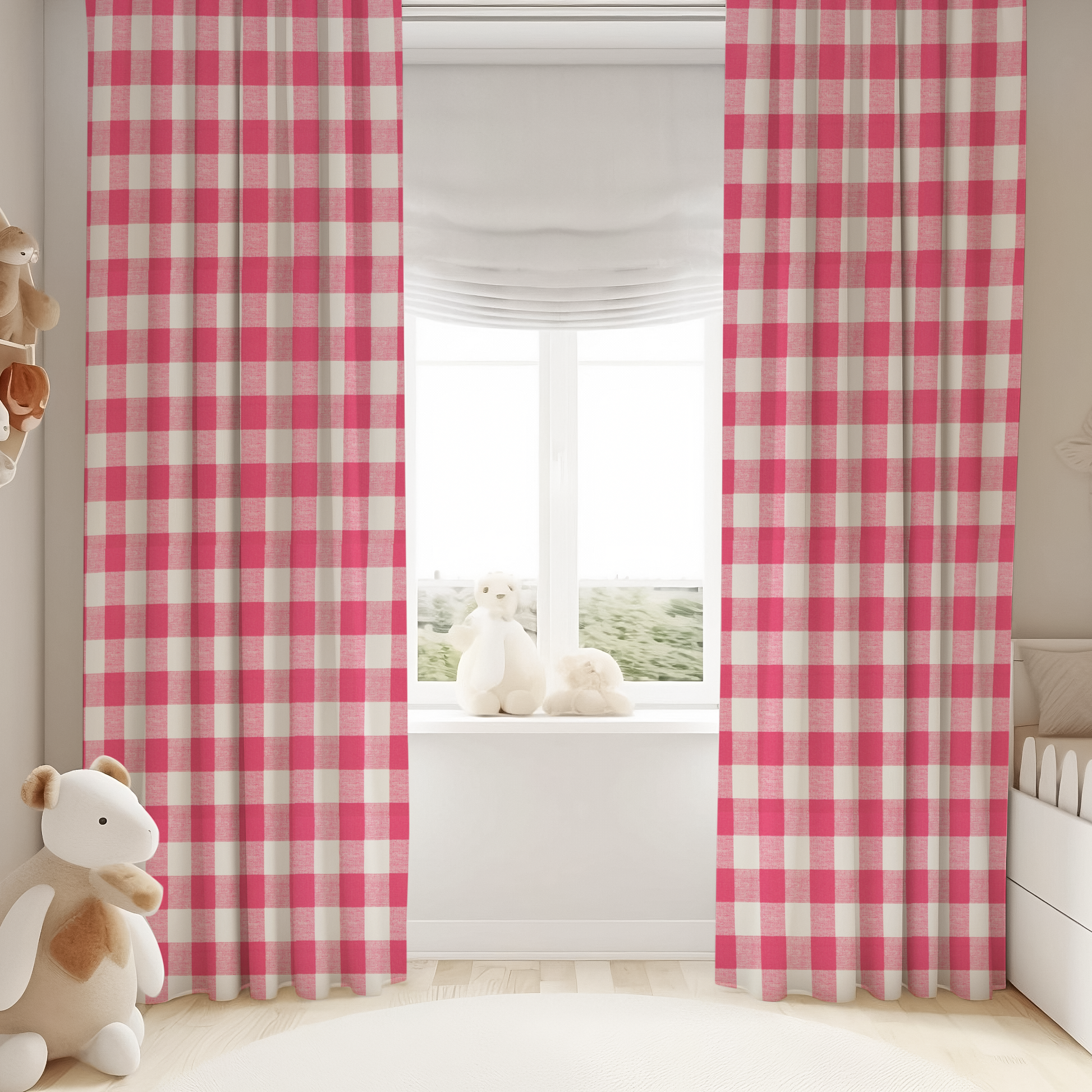 Pink and white checkered curtains in a child's room with toys and a window.