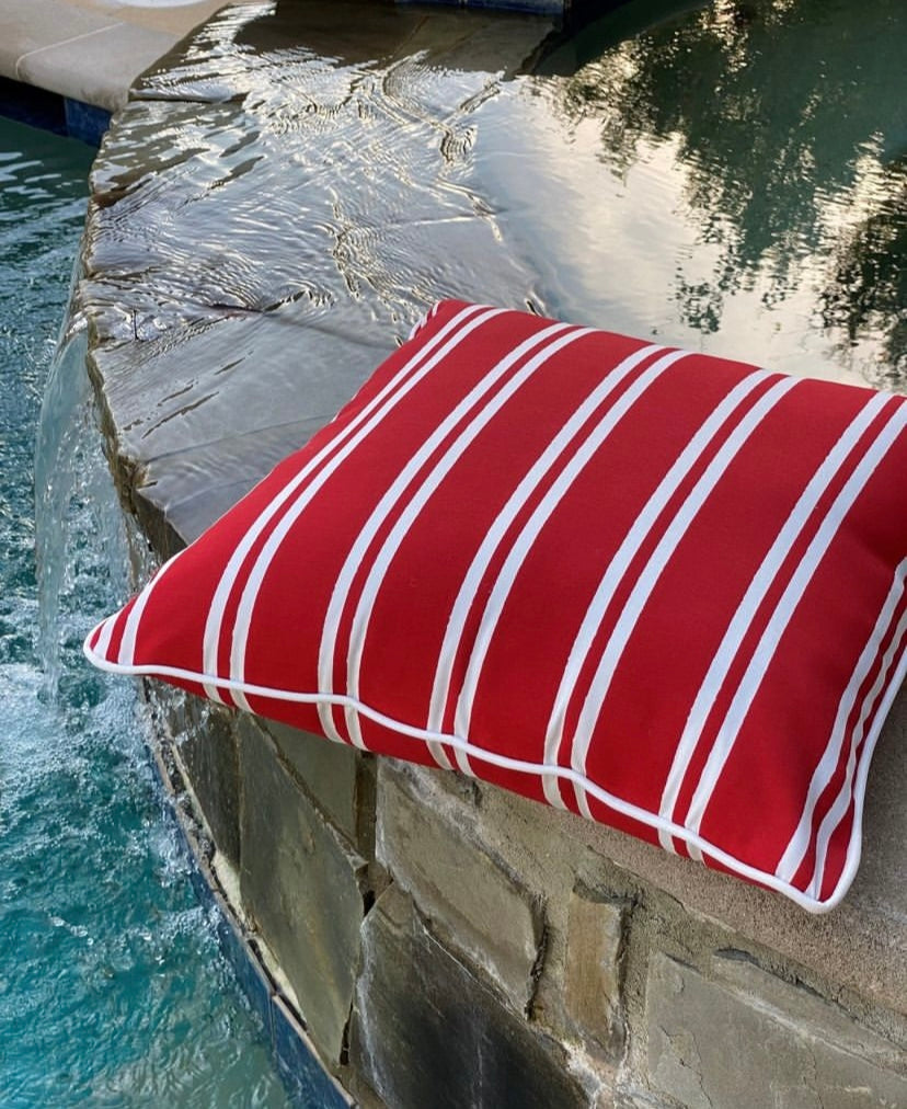 Bright Red Double Stripe Outdoor Pillow Cover