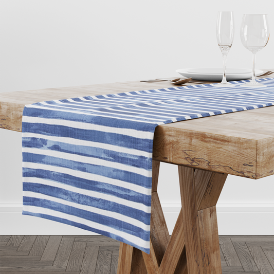 Cobalt Blue Watercolor Stripe Bubble Table Runner