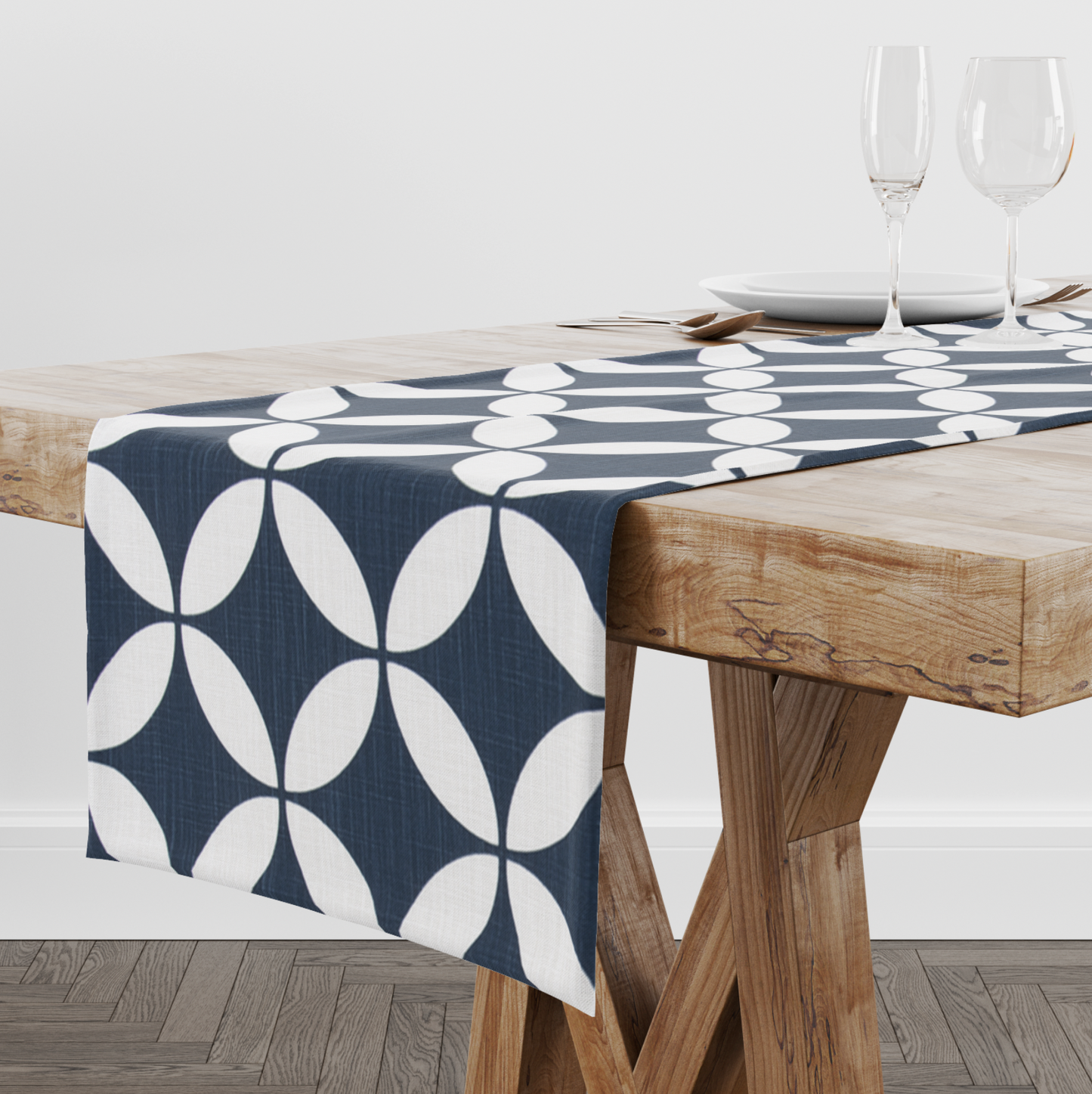 Italian Denim and White Geometric Table Runner