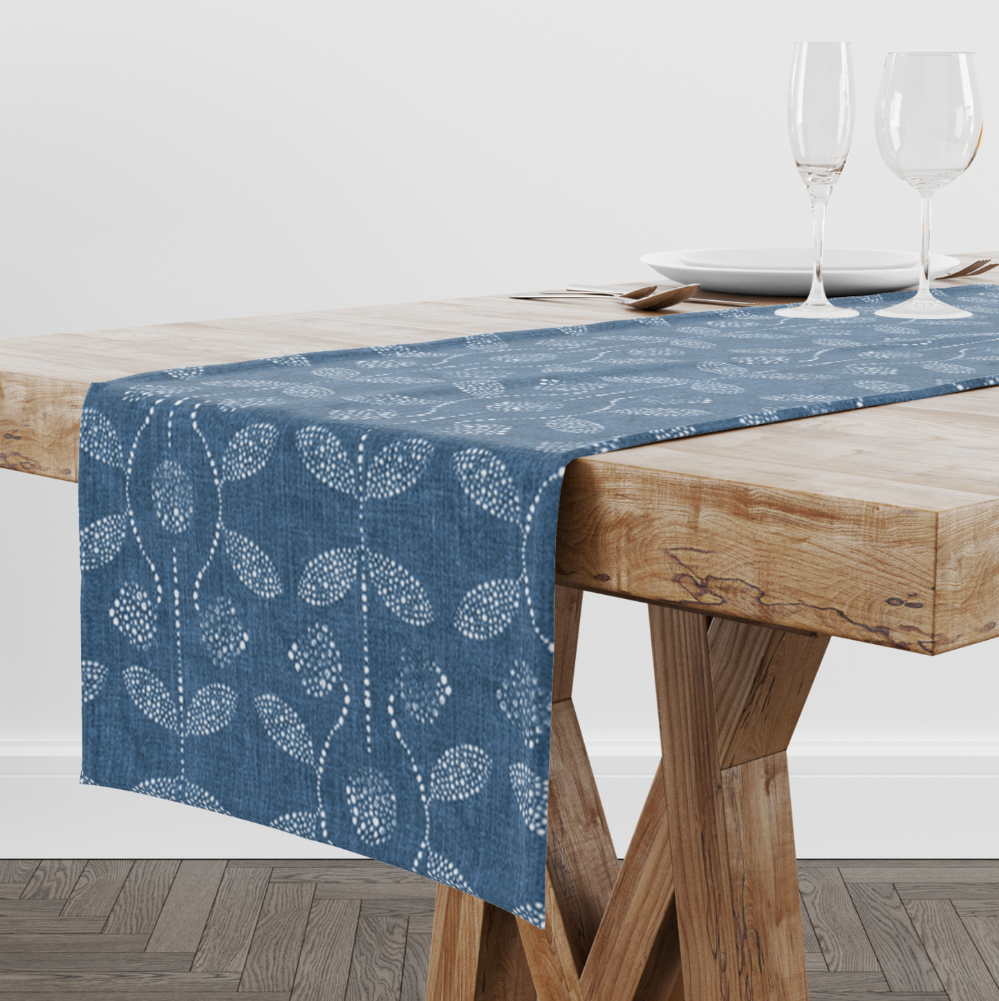 Italian Denim Abstract Leaf Table Runner