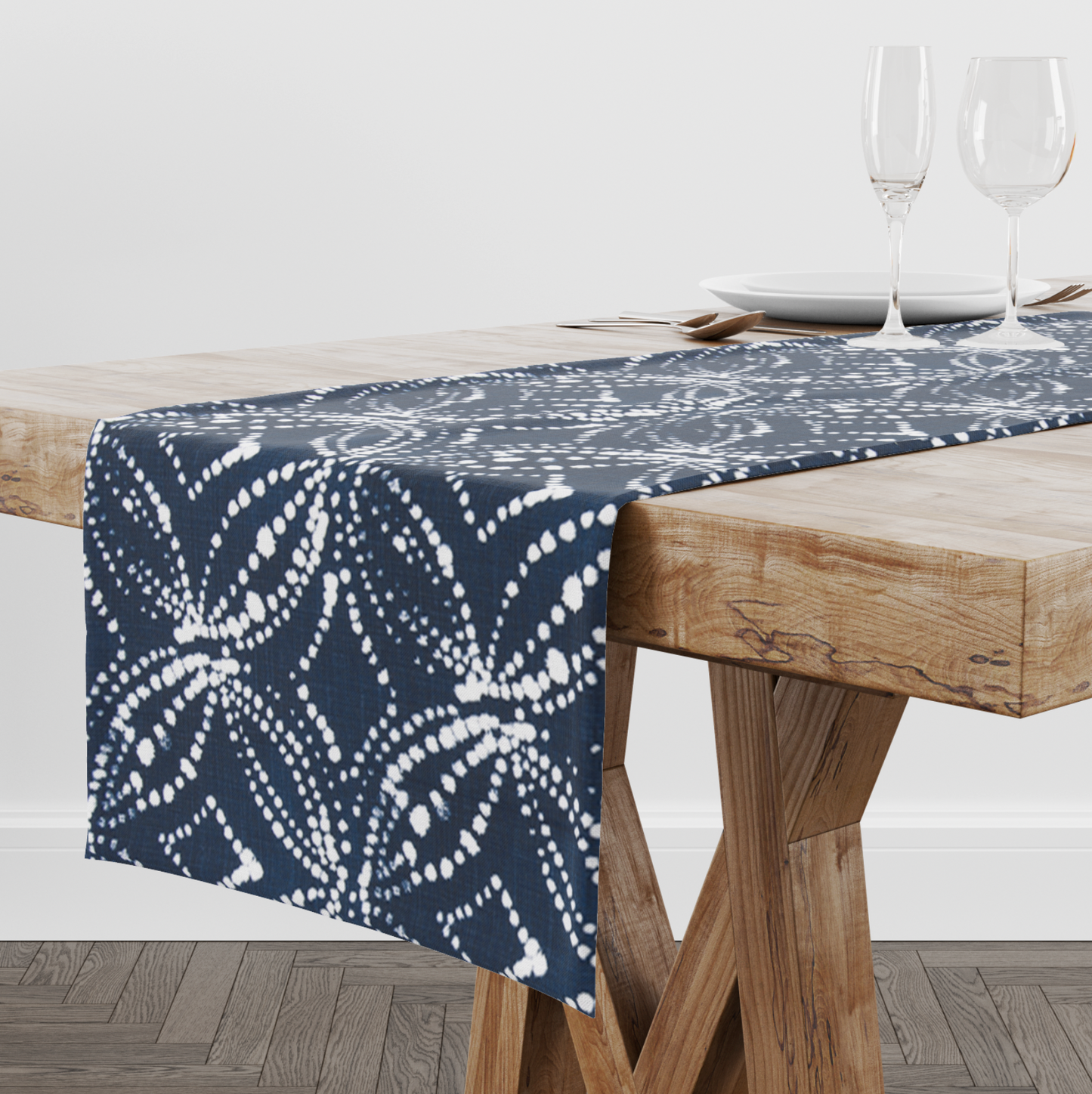 Italian Denim and White Abstract Circles Table Runner