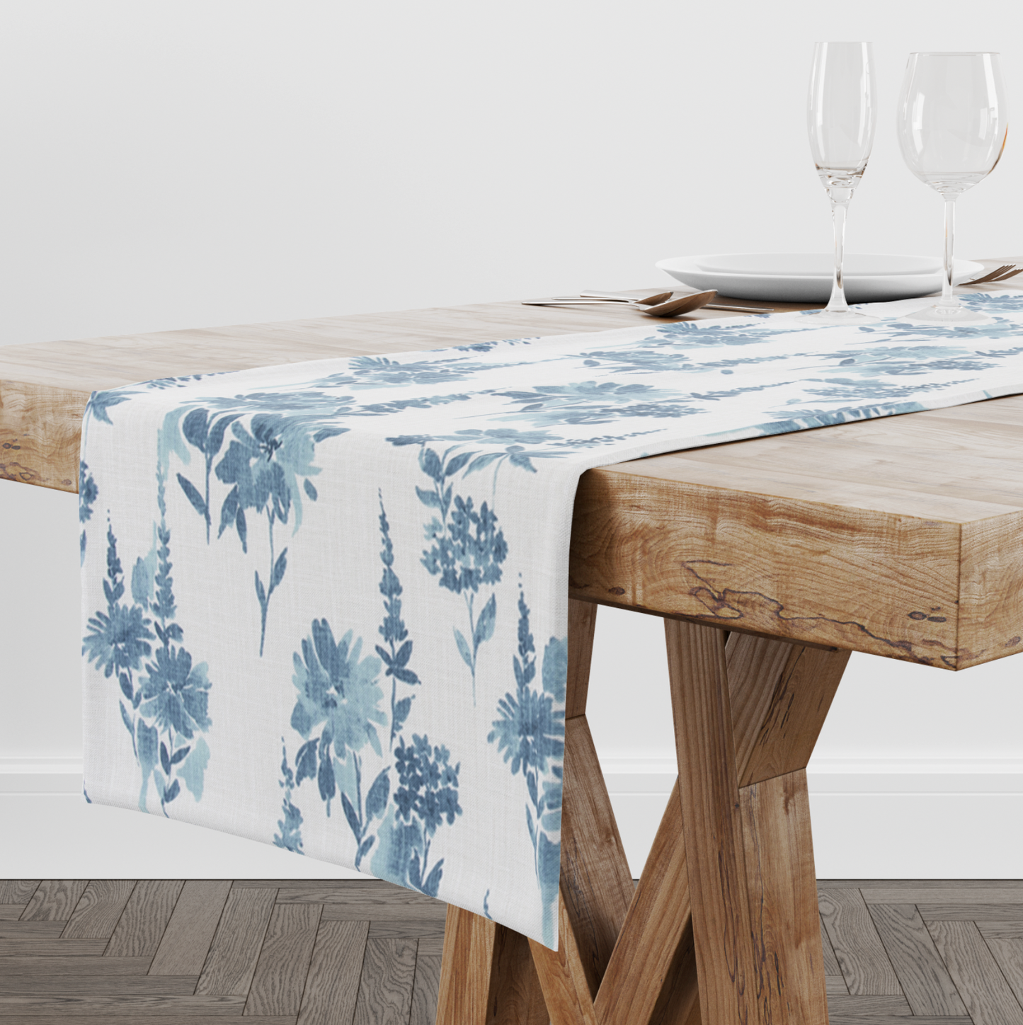 Italian Denim Abstract Floral Table Runner