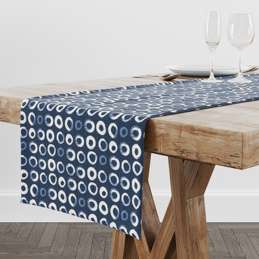 Italian Denim and White Abstract O's Table Runner