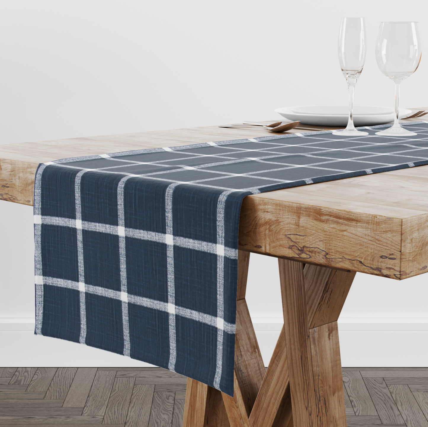 White Plaid on Italian Denim Table Runner