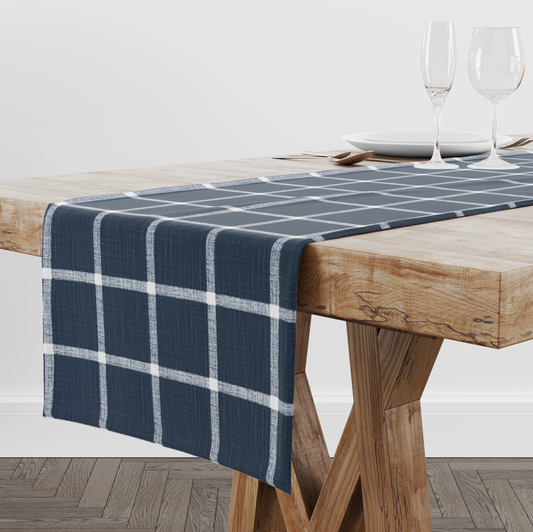 White Plaid on Italian Denim Table Runner