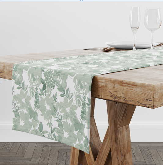 Green and White Floral Table Runner for Dining Room & Kitchen