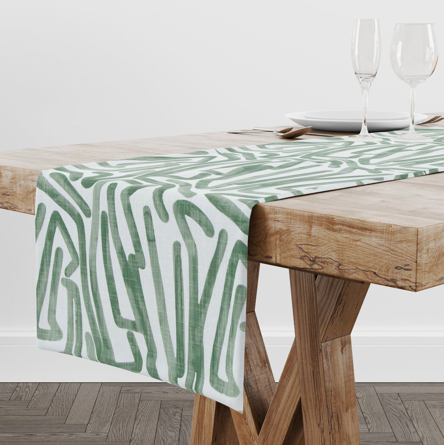 Green and White Contemporary Watercolor Table Runner