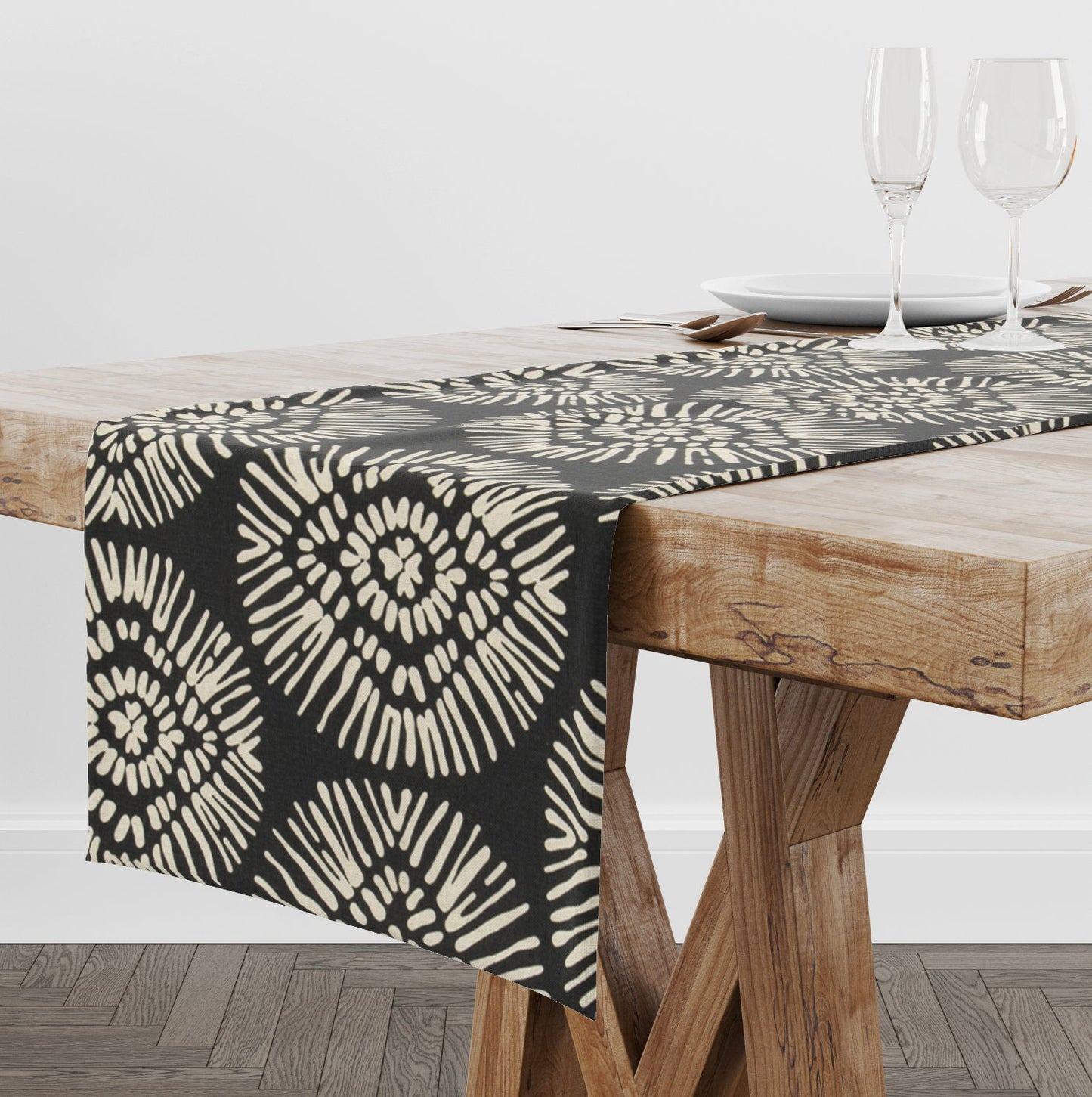 Black Linen Blend Medallion Table Runner