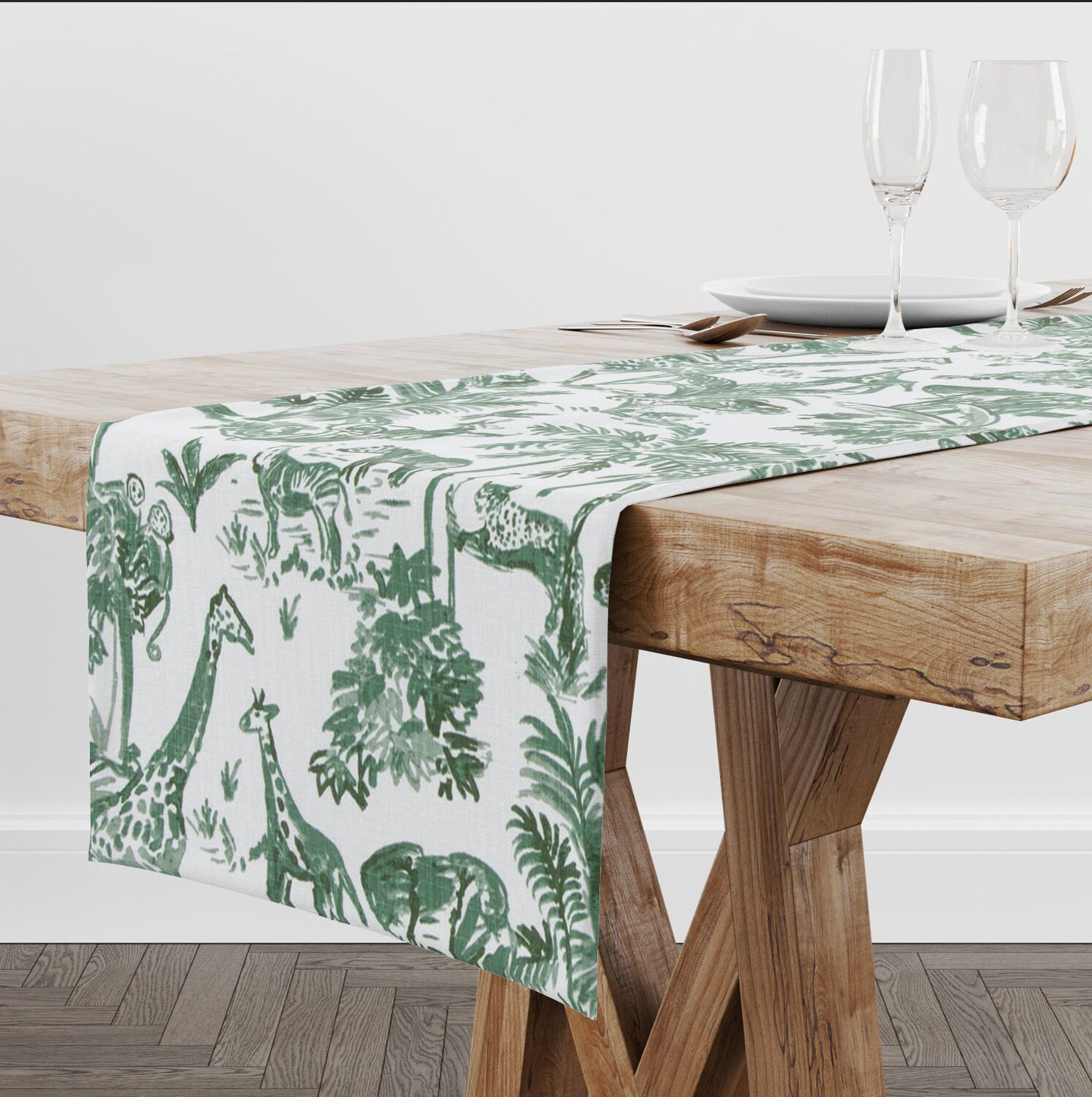 Green and White Jungle Themed Table Runner