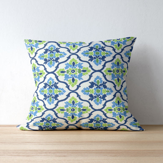 Blue Green Floral Trellis Inspired Indoor Pillow Cover